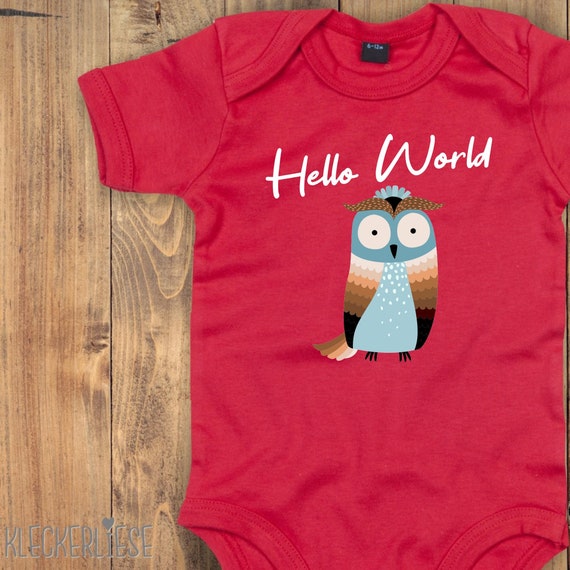 Baby Body "Hello World Eule" Babybody Strampler Jungen Mädchen Kurzarm