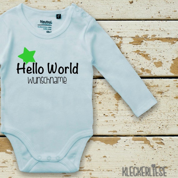 Langarm Body mit Wunschname Babybody "Hello World Stern Wunschname" Fair Wear Bio Organic