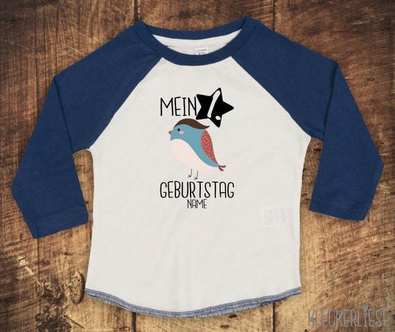 T-Shirt Langarmshirt mit Wunschname "Mein 1. Geburtstag Vogel mit Wunschname" Raglan-Ärmel Jungen Mädchen Baby Kinder