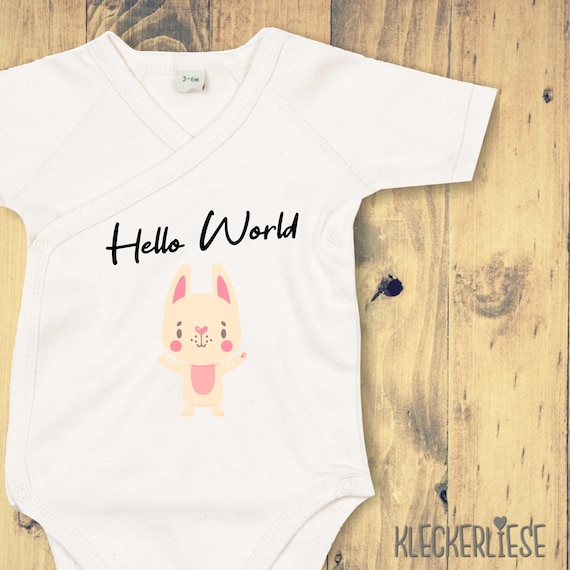 kleckerliese Wickel Baby Body "Hello World Hase" Babybody Strampler Wickelbody Organic Kimono Kurzarm
