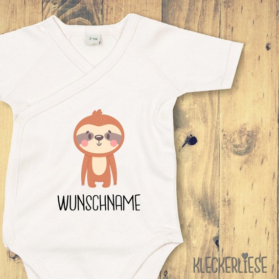 kleckerliese wrap baby bodysuit "animal motif with desired name sloth" baby bodysuit romper wrapbody organic kimono short sleeve