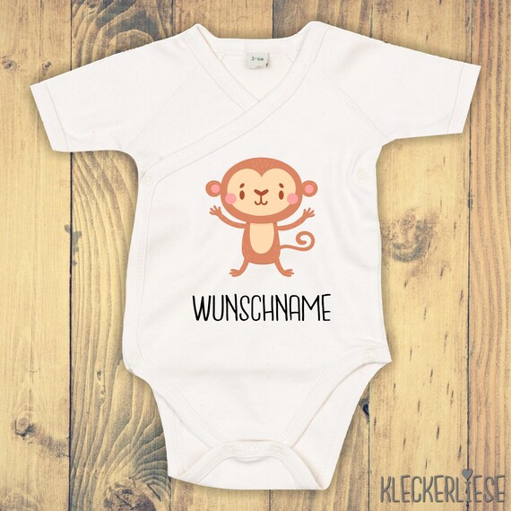 Wickelbody mit Wunschtext "Tiermotiv mit Wunschnamen Affe" Babybody Strampler Wickelbody Organic Kimono Kurzarm Baby Body