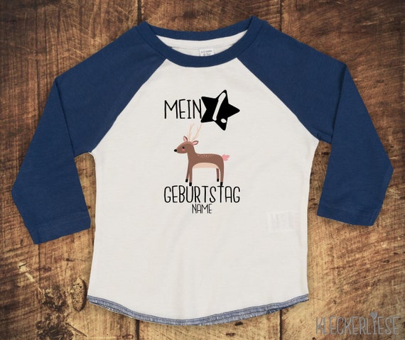 T-Shirt Langarmshirt mit Wunschname "Mein 1. Geburtstag Reh mit Wunschname" Raglan-Ärmel Jungen Mädchen Baby Kinder