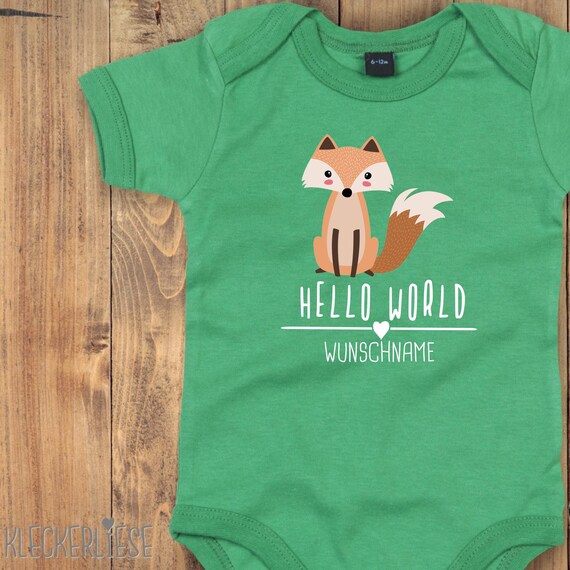 Baby Body mit Wunschtext "Hello World Fuchs Wunschname" Babybody Strampler Jungen Mädchen Kurzarm