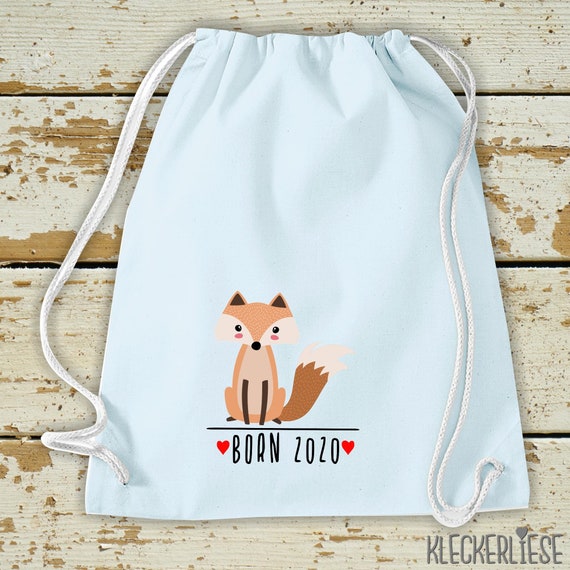 Kleckerliese Kinder Gymsack "Born 2020 Tiermotiv Fuchs" Rucksack Bag Stoffbeutel Turnbeutel Tragetasche