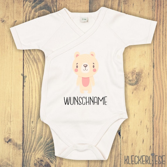 kleckerliese Wickel Baby Body "Tiermotiv mit Wunschnamen Bär Eisbär" Babybody Strampler Wickelbody Organic Kimono Kurzarm