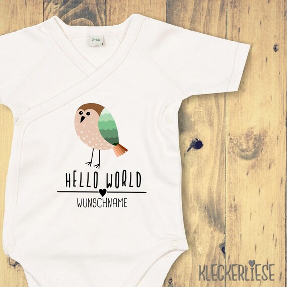 Wickelbody mit Wunschtext "Hello World Vogel Wunschname" Babybody Strampler Wickelbody Organic Kimono Kurzarm Baby Body