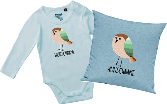 kleckerliese Geschenkset Geburt Kissen Langarm Body mit Tiermotiv "Vogel" Fair Wear mit Kissenfüllung