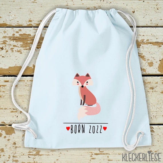 Kleckerliese Kinder Gymsack "Born 2022 Tiermotiv Fuchs" Rucksack Bag Stoffbeutel Turnbeutel Tragetasche