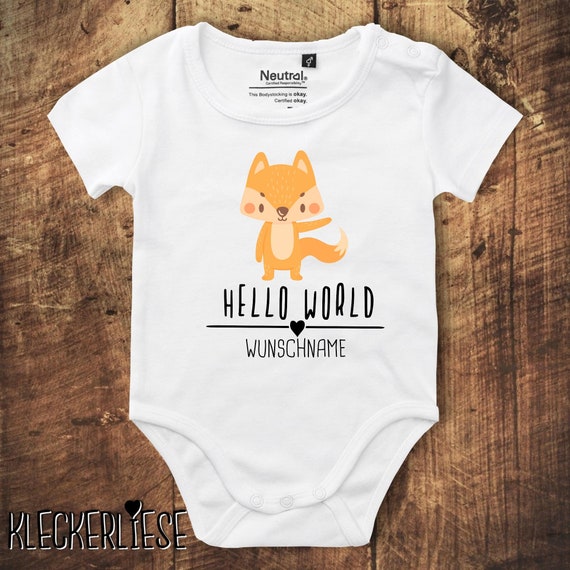 kleckerliese Babybody Body mit Wunschname "Hello World Fuchs Wunschname" Fair Wear, Bio, Organic Baby Jungen Mädchen