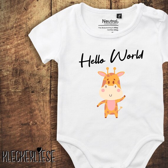 kleckerliese Babybody Body mit Wunschname "Hello World Giraffe" Fair Wear, Bio, Organic Baby Jungen Mädchen
