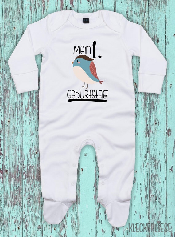 Kleckerliese Baby Schlafanzug "Mein 1. Geburtstag Vogel" Sleepsuit Langarm Jungen Mädchen Einteiler Strampler