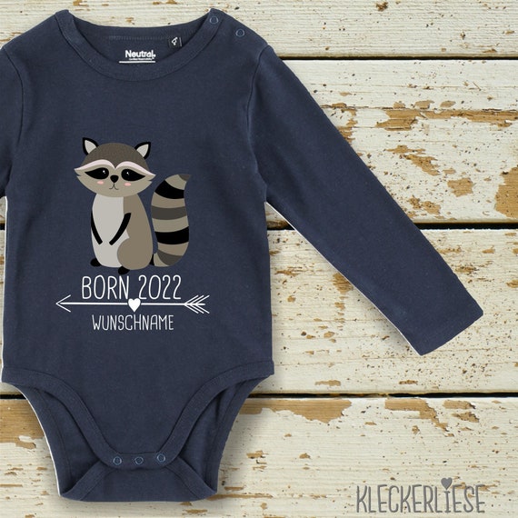 Long-sleeved bodysuit with desired name baby bodysuit "Born 2024 2025 2026... Animal motif arrow desired name name year text raccoon" Fair Wear Bio Organic