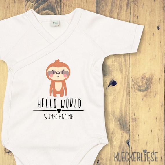 Wickelbody mit Wunschtext "Hello World Faultier Wunschname" Babybody Strampler Wickelbody Organic Kimono Kurzarm Baby Body