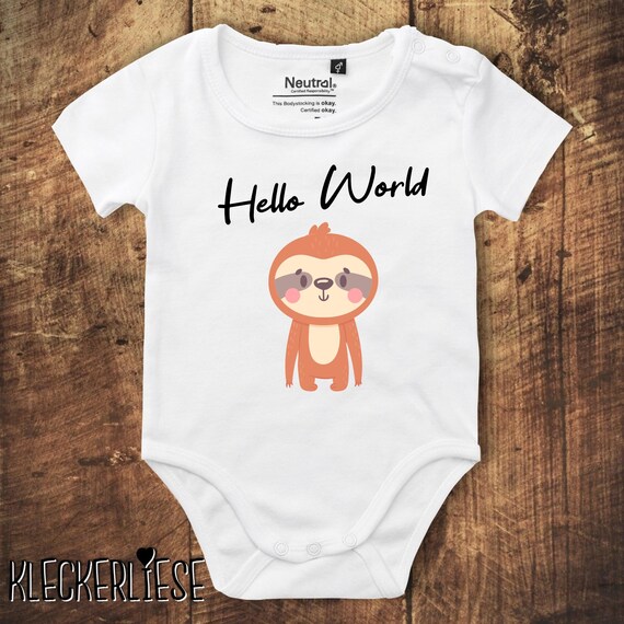 kleckerliese Babybody Body "Hello World Faultier" Fair Wear, Bio, Organic Baby Jungen Mädchen