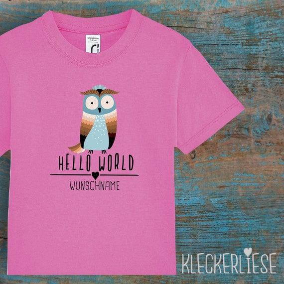 Kinder Baby Shirt mit Wunschname Kleinkind "Hello World Eule Wunschname" T-Shirt Jungen Mädchen