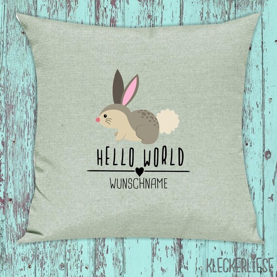 kleckerliese Kissen mit Wunschname "Hello World Hase Wunschname" Kissenhülle Deko Sofa Hülle Kissenbezug