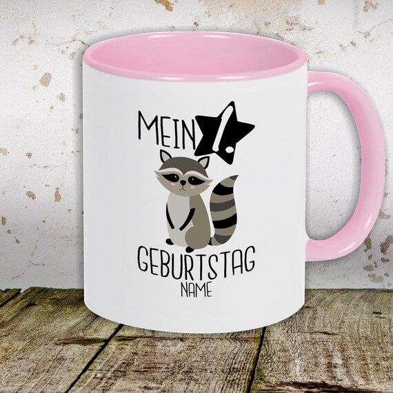 Kaffeetasse mit Wunschnamen Tasse Motiv "Mein 1. Geburtstag Waschbär mit Wunschname" Tasse Teetasse Milch Kakao