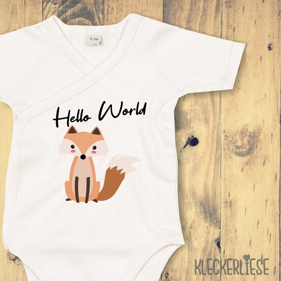 kleckerliese Wickel Baby Body "Hello World Fuchs" Babybody Strampler Wickelbody Organic Kimono Kurzarm