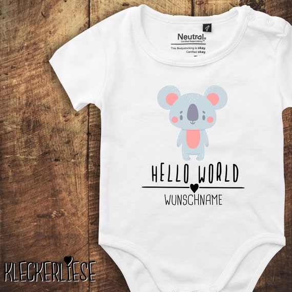 kleckerliese Babybody Body mit Wunschname "Hello World Koala Wunschname" Fair Wear, Bio, Organic Baby Jungen Mädchen