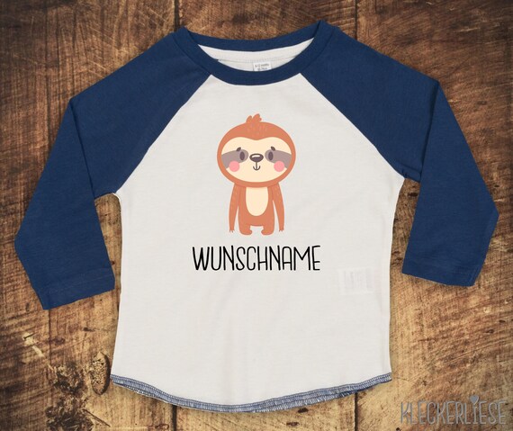 Kleckerliese Baby Kinder T-Shirt mit Wunschnamen Langarmshirt  "Tiermotiv mit Wunschnamen Faultier " Raglan-Ärmel Jungen Mädchen