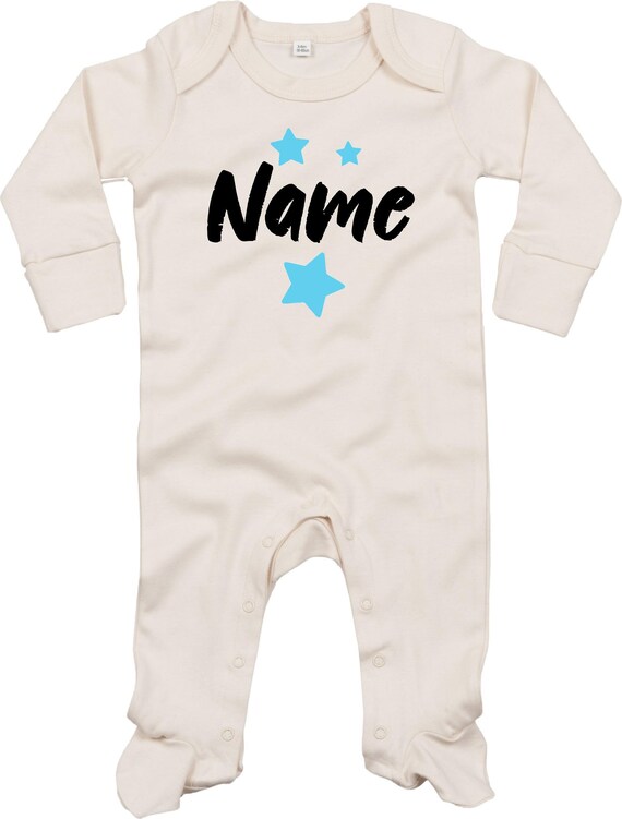 Kleckerliese Baby Schlafanzug mit Wunschnamen "Name Wunschname Sterne" Sleepsuit Langarm Jungen Mädchen Einteiler Strampler