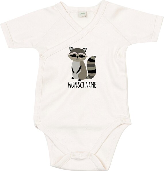 kleckerliese Wickel Baby Body "Wunschname Waschbär" Babybody Strampler Wickelbody Organic Kimono Kurzarm