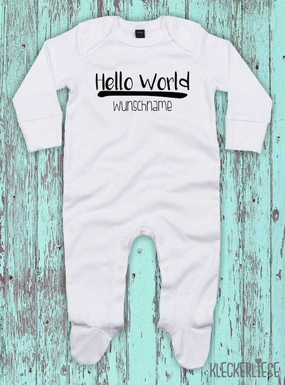 Baby Schlafanzug mit Wunschtext "Hello World Wunschname" Sleepsuit Langarm Jungen Mädchen Einteiler Strampler