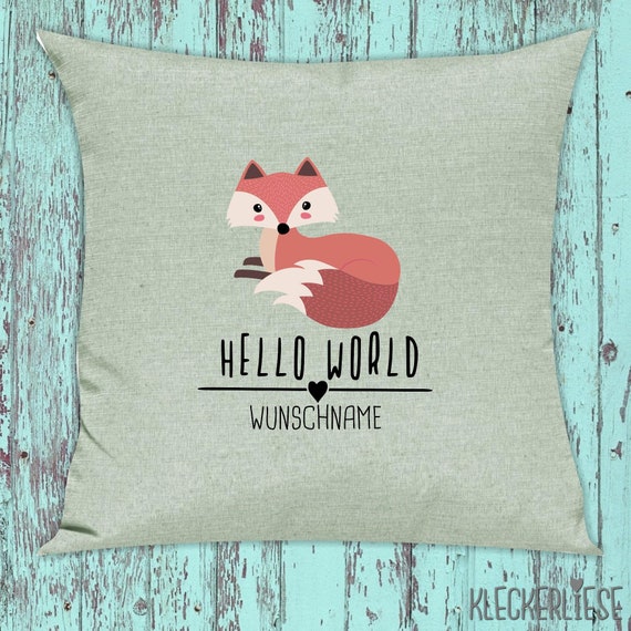 kleckerliese Kissen mit Wunschname "Hello World Fuchs Wunschname" Kissenhülle Deko Sofa Hülle Kissenbezug