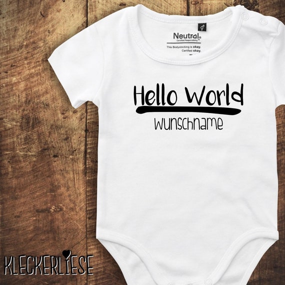 kleckerliese Babybody Body mit Wunschname "Hello World Wunschname" Fair Wear, Bio, Organic Baby Jungen Mädchen