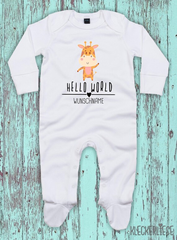 Baby Schlafanzug mit Wunschtext "Hello World Giraffe Wunschname" Sleepsuit Langarm Jungen Mädchen Einteiler Strampler