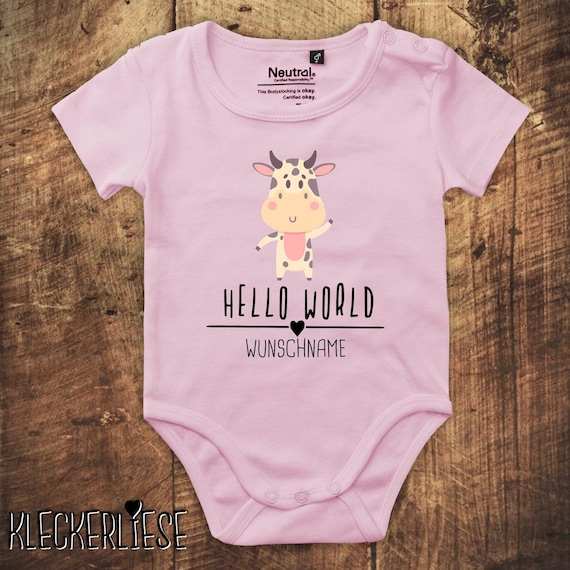 kleckerliese Babybody Body mit Wunschname "Hello World Kuh Wunschname" Fair Wear, Bio, Organic Baby Jungen Mädchen