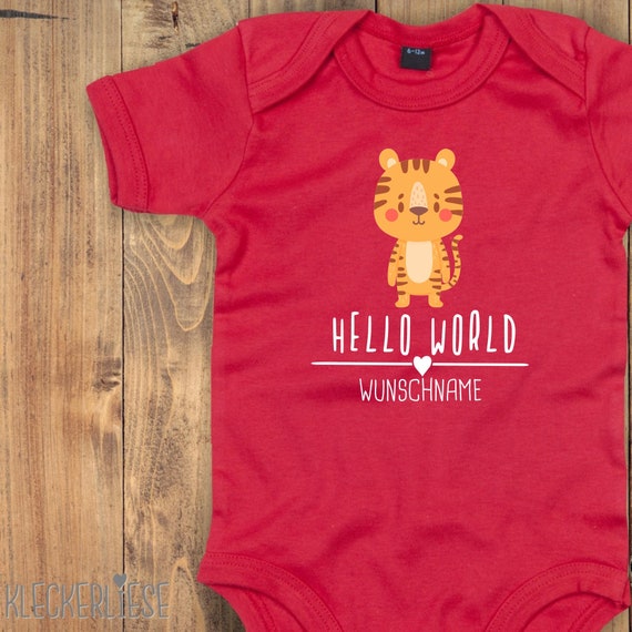 Baby Body mit Wunschtext "Hello World Tiger Wunschname" Babybody Strampler Jungen Mädchen Kurzarm