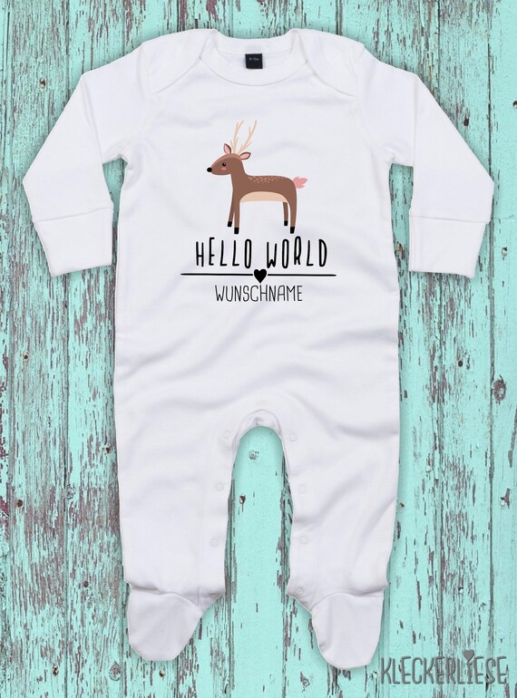 Baby Schlafanzug mit Wunschtext "Hello World Reh Wunschname" Sleepsuit Langarm Jungen Mädchen Einteiler Strampler