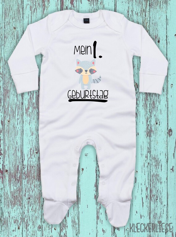 Kleckerliese Baby Schlafanzug "Mein 1. Geburtstag Waschbär" Sleepsuit Langarm Jungen Mädchen Einteiler Strampler