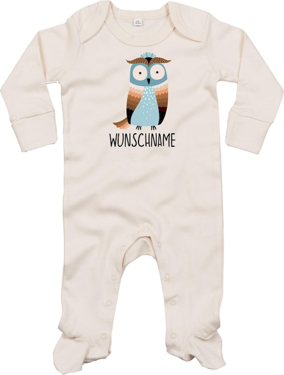Kleckerliese Baby Schlafanzug mit Wunschnamen "Wunschname Eule" Sleepsuit Langarm Jungen Mädchen Einteiler Strampler