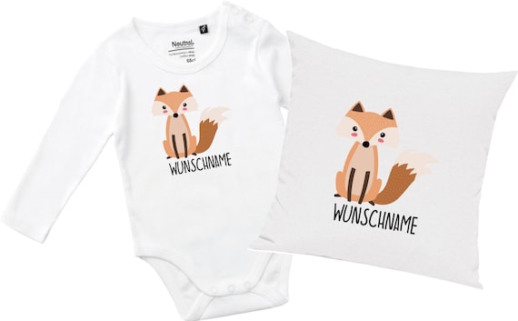 kleckerliese Geschenkset Geburt Kissen Langarm Body mit Tiermotiv "Fuchs" Fair Wear mit Kissenfüllung