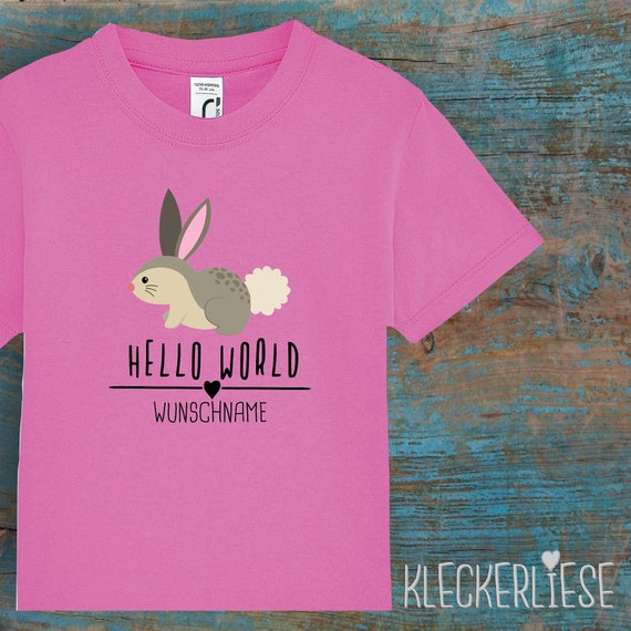 Kinder Baby Shirt mit Wunschname Kleinkind "Hello World Hase Wunschname" T-Shirt Jungen Mädchen