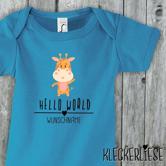Baby Body mit Wunschname "Hello World Giraffe Wunschname" Babybody Strampler Jungen Mädchen