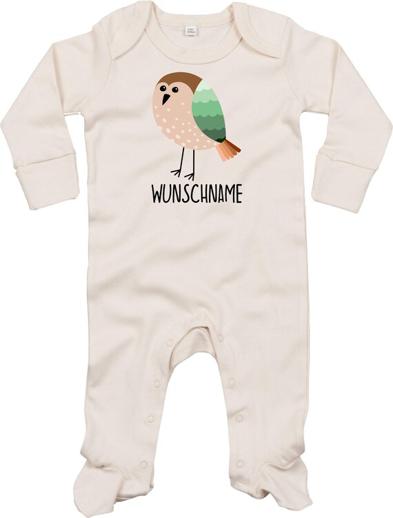 Kleckerliese Baby Schlafanzug mit Wunschnamen "Wunschname Vogel" Sleepsuit Langarm Jungen Mädchen Einteiler Strampler