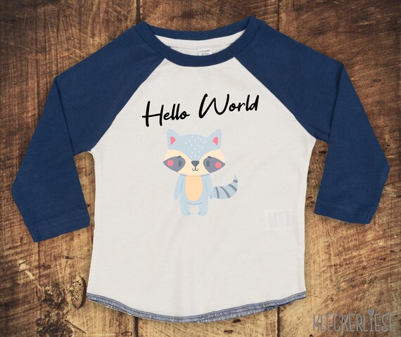 Kleckerliese Baby Kinder T-Shirt Langarmshirt "Hello World Waschbär" Raglan-Ärmel Jungen Mädchen