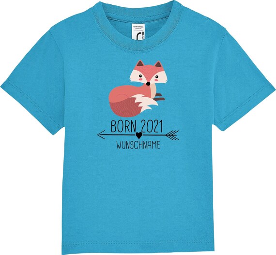 kleckerliese Kinder Baby Shirt Kleinkind "Born 2021 Tiermotiv Pfeil Wunschname Name Text Fuchs" mit Wunschnamen Jungen Mädchen T-Shirt