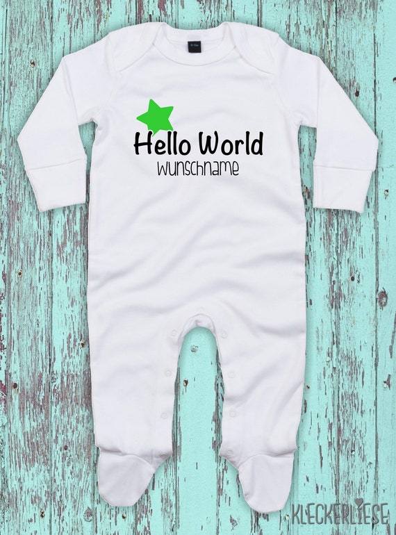 Baby Schlafanzug mit Wunschtext "Hello World Stern Wunschname" Sleepsuit Langarm Jungen Mädchen Einteiler Strampler