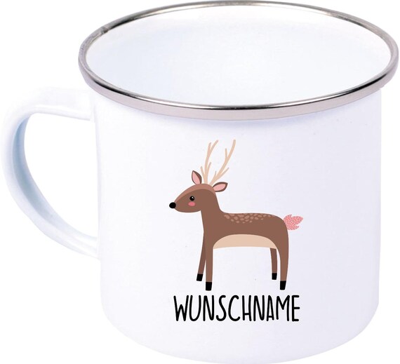 kleckerliese Emaille Kindertasse mit Wunschnamen Teetasse Tasse Motiv Tiermotive Tiere mit Camping Zelten Retro Becher