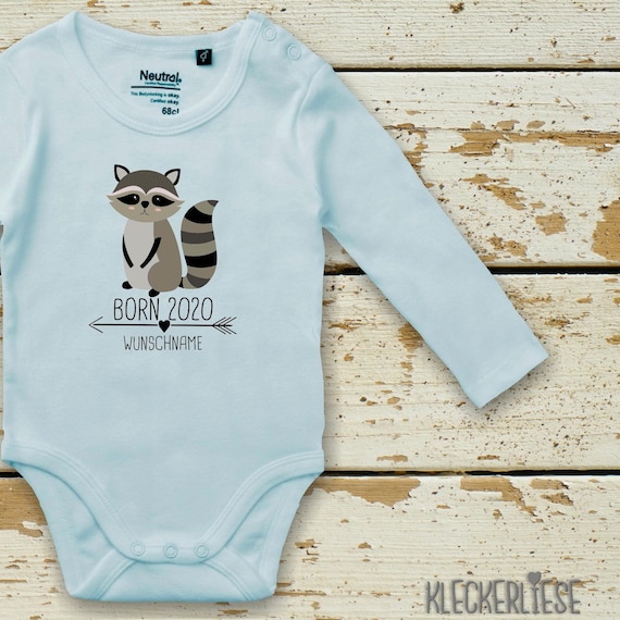 kleckerliese long sleeve baby body "Born 2020 2021 2022 animal motif wish name name raccoon" with desired text or name baby body boys girl