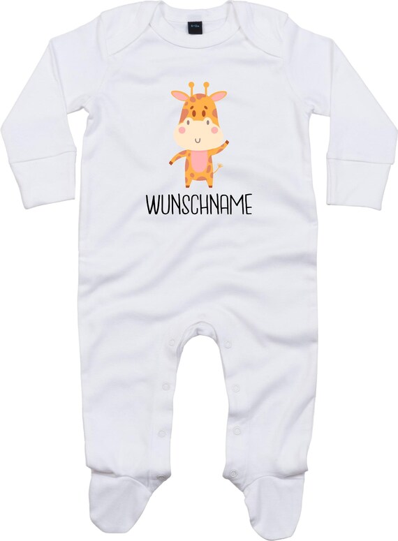 Kleckerliese Baby Schlafanzug mit Wunschnamen "Tiermotiv mit Wunschnamen Giraffe" Sleepsuit Langarm Jungen Mädchen Einteiler Strampler