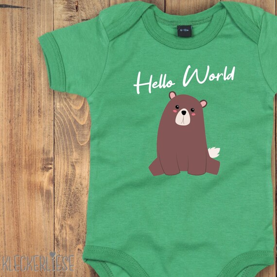 Baby Body "Hello World Bär" Babybody Strampler Jungen Mädchen Kurzarm