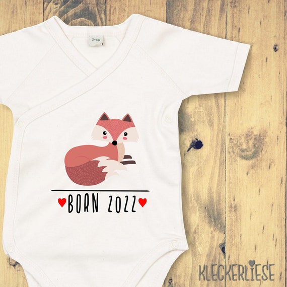 kleckerliese Wrap Baby Bodysuit "Born 2024 2025 Animal Motif Fox" Baby Bodysuit Romper Wrap Bodysuit Organic Kimono Short Sleeve