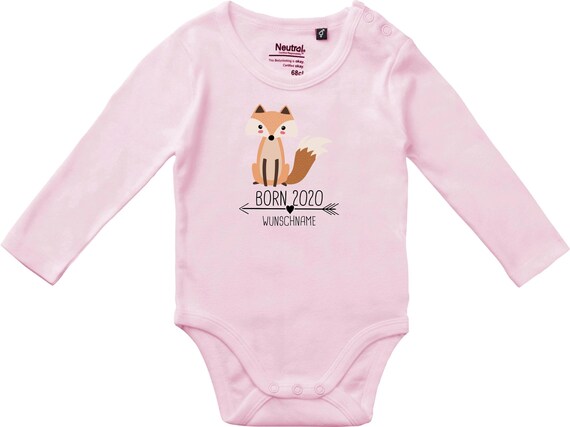 kleckerliese Langarm Babybody "Born 2020 Tiermotiv Pfeil Wunschname Name Text Fuchs" mit oder Name Baby Body Jungen Mädchen Fair Wear