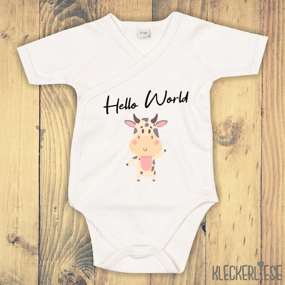 kleckerliese Wickel Baby Body "Hello World Kuh" Babybody Strampler Wickelbody Organic Kimono Kurzarm